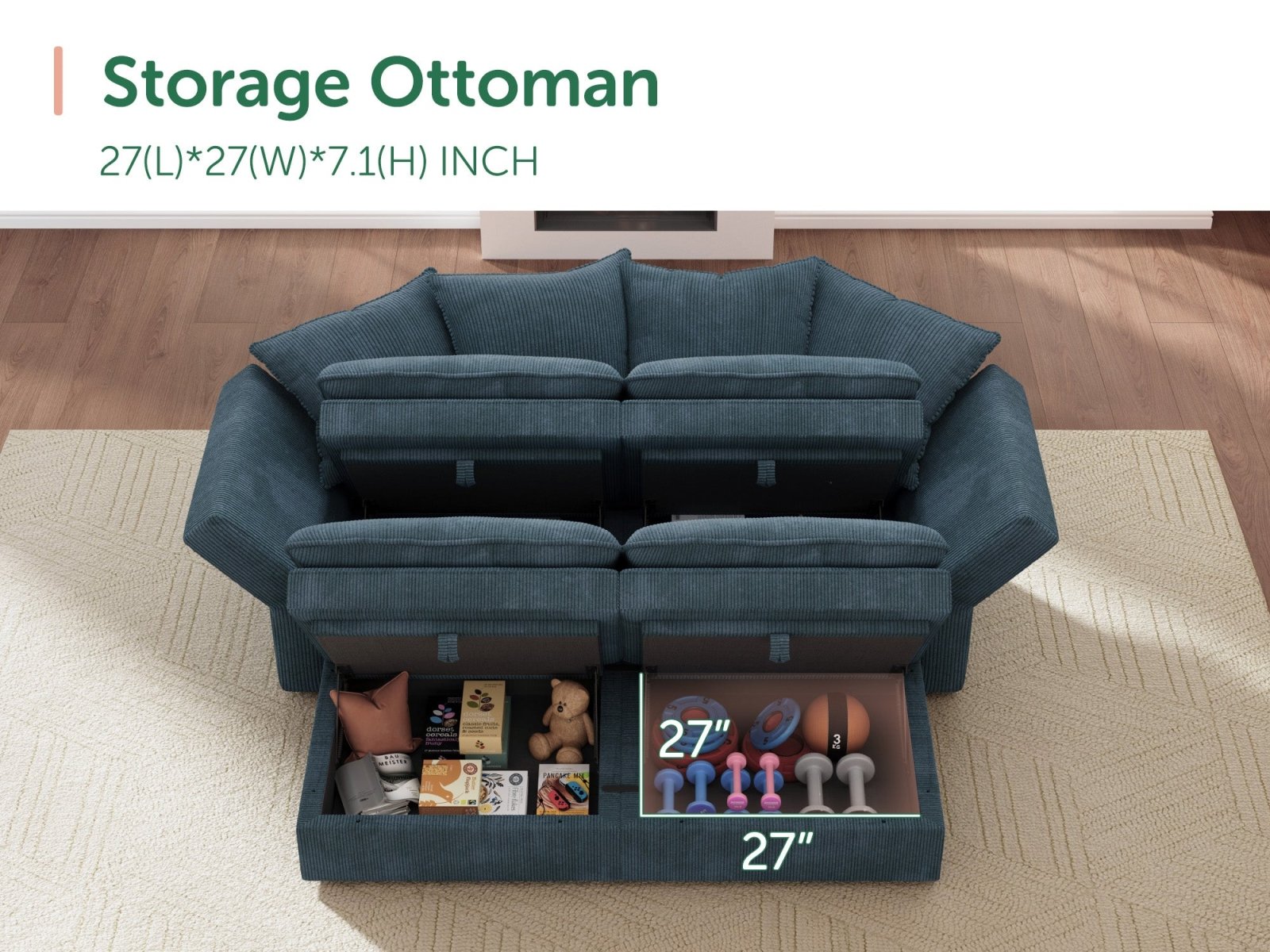 HONBAY 4-Piece Plush double-layer Cushion Corduroy Modular Sleeper Sectional Cloud Sofa
#Color_Corduroy Blue