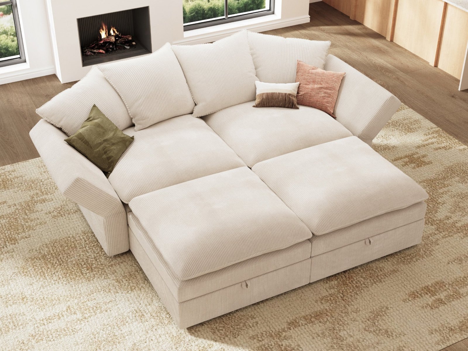 HONBAY 4-Piece Plush double-layer Cushion Corduroy Modular Sleeper Sectional Cloud Sofa
#Color_Corduroy Beige