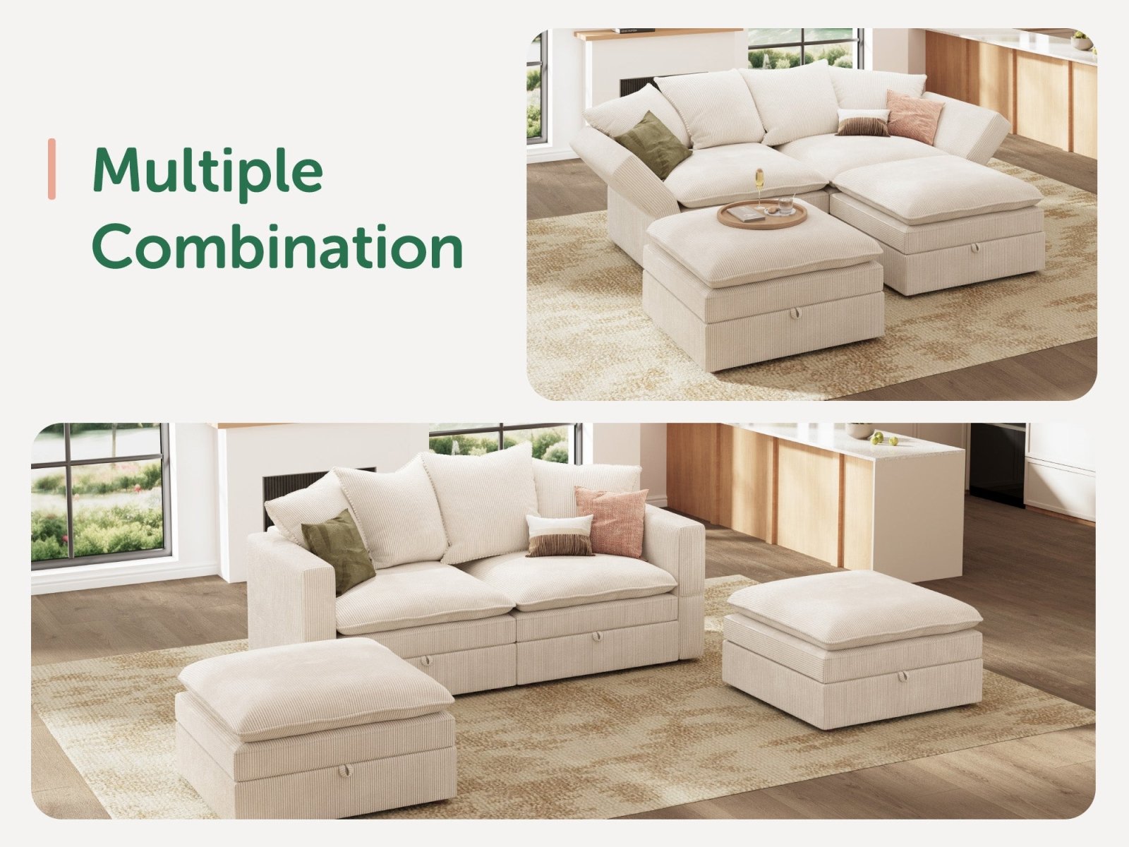 HONBAY 4-Piece Plush double-layer Cushion Corduroy Modular Sleeper Sectional Cloud Sofa
#Color_Corduroy Beige