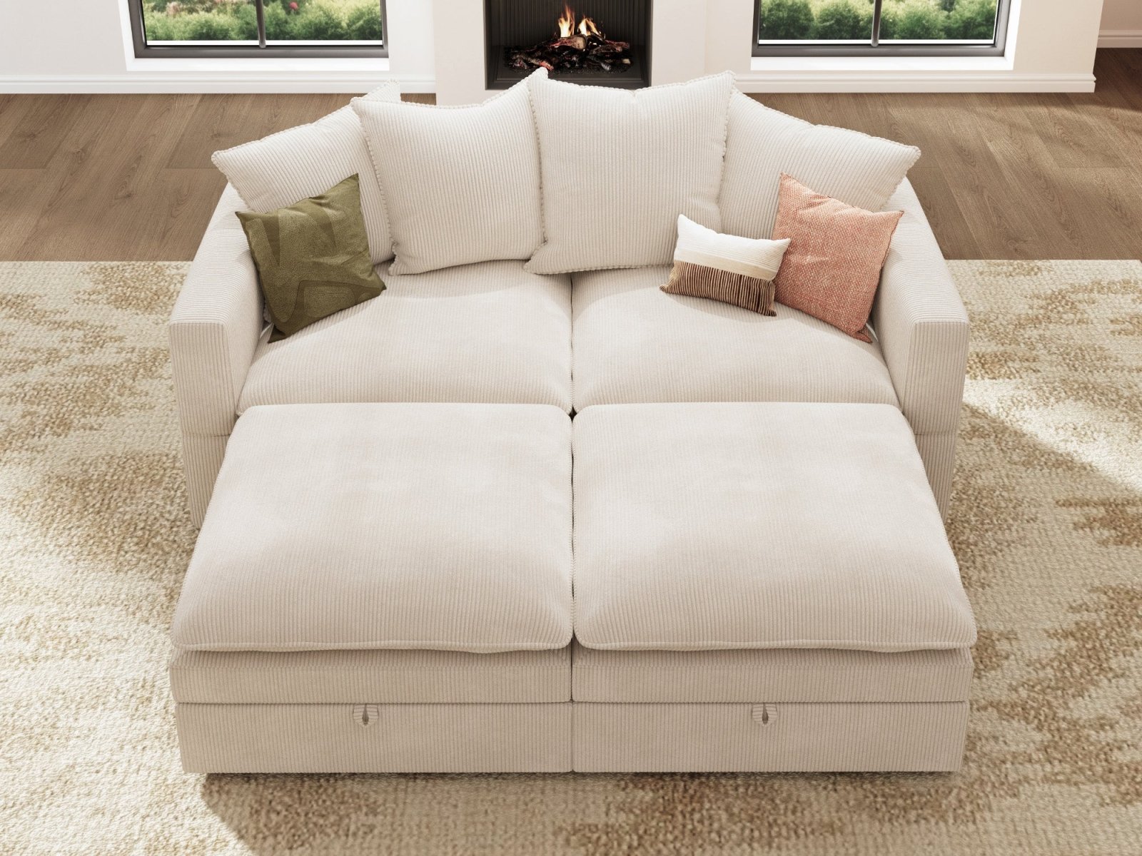 HONBAY 4-Piece Plush double-layer Cushion Corduroy Modular Sleeper Sectional Cloud Sofa
#Color_Corduroy Beige