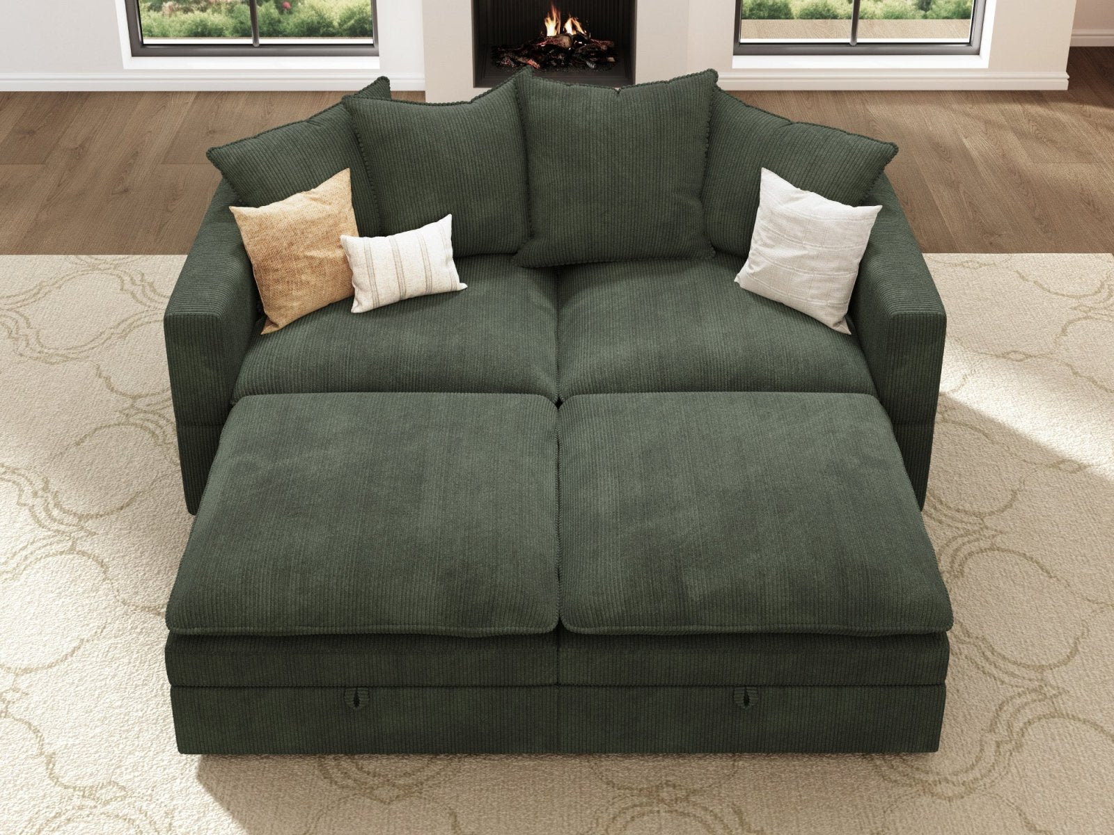HONBAY 4-Piece Plush double-layer Cushion Corduroy Modular Sleeper Sectional Cloud Sofa
#Color_Corduroy Green