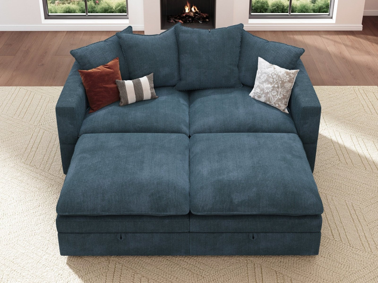 HONBAY 4-Piece Plush double-layer Cushion Corduroy Modular Sleeper Sectional Cloud Sofa
#Color_Corduroy Blue