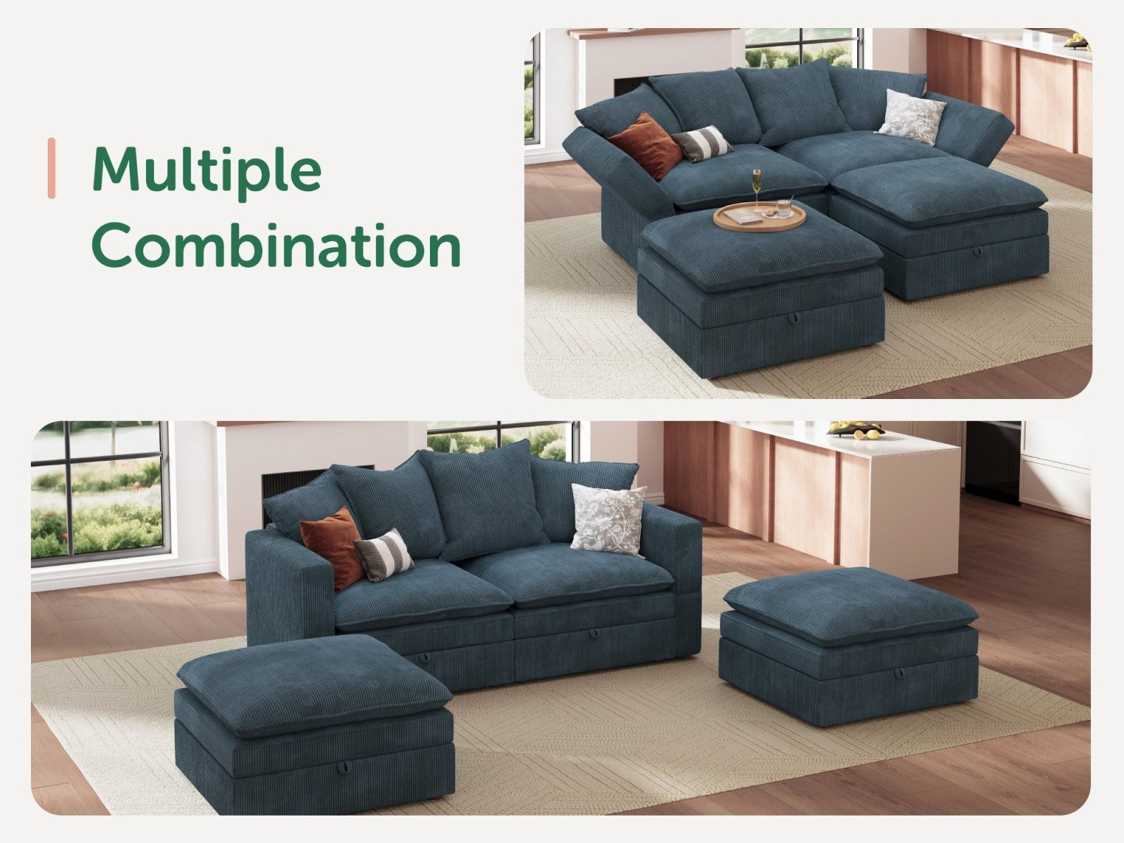 HONBAY 4-Piece Plush double-layer Cushion Corduroy Modular Sleeper Sectional Cloud Sofa
#Color_Corduroy Blue