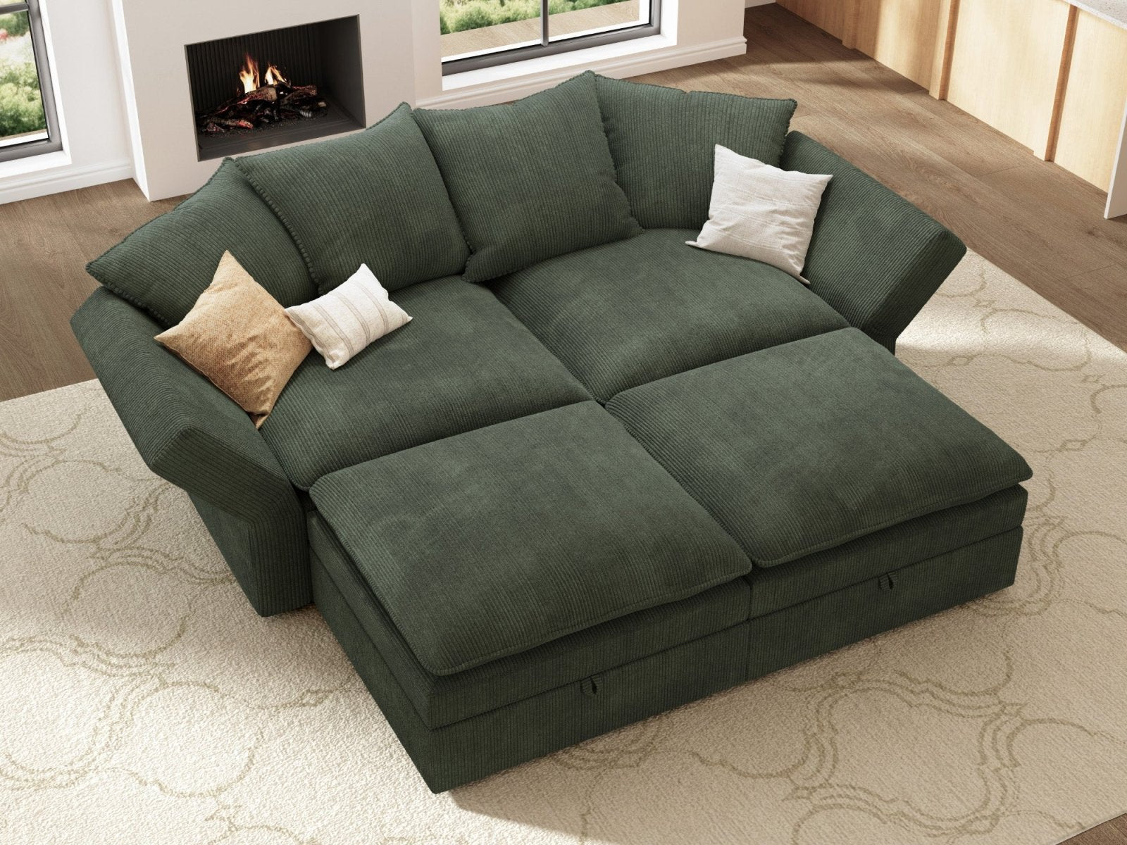 HONBAY 4-Piece Plush double-layer Cushion Corduroy Modular Sleeper Sectional Cloud Sofa
#Color_Corduroy Green