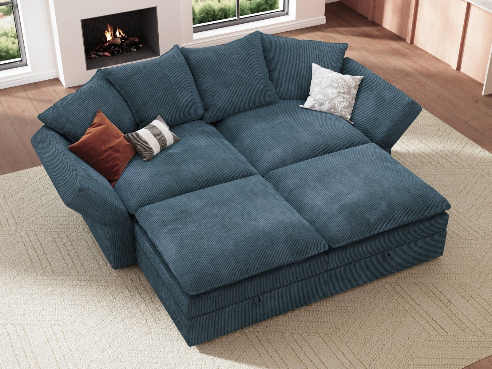 HONBAY 4-Piece Plush double-layer Cushion Corduroy Modular Sleeper Sectional Cloud Sofa
#Color_Corduroy Blue
