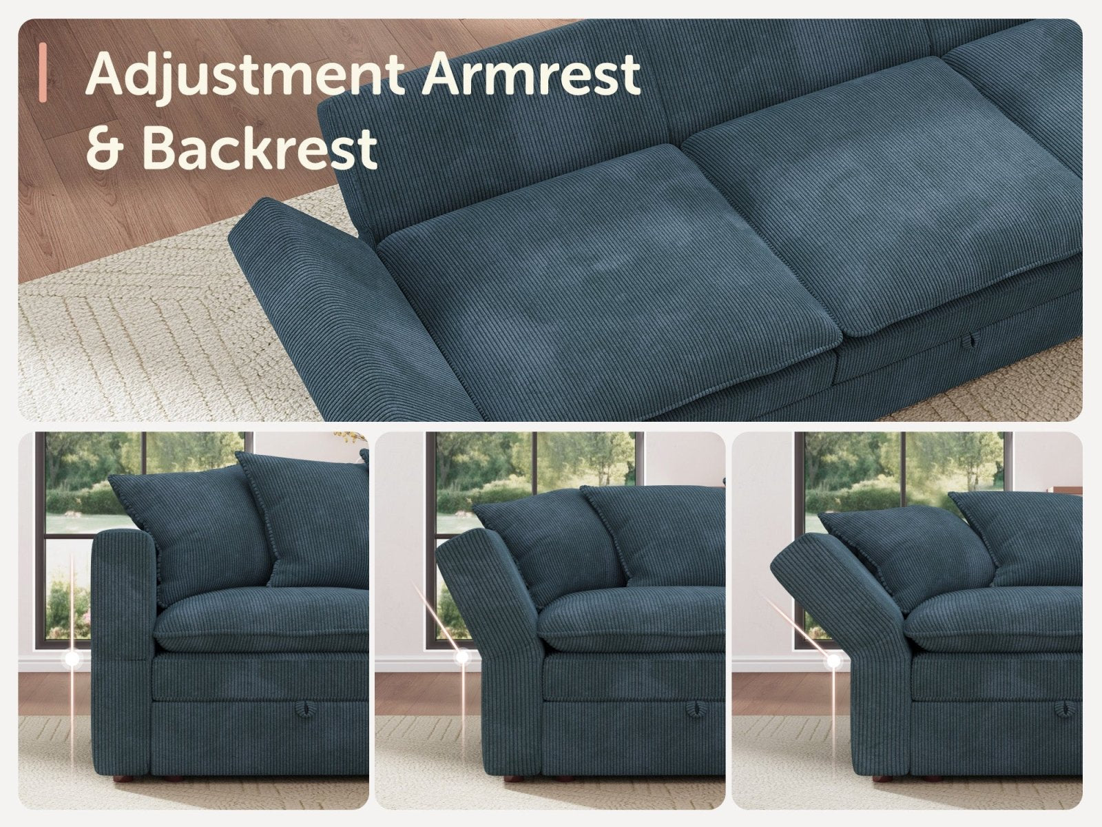 HONBAY 4-Piece Plush double-layer Cushion Corduroy Modular Sleeper Sectional Cloud Sofa
#Color_Corduroy Blue