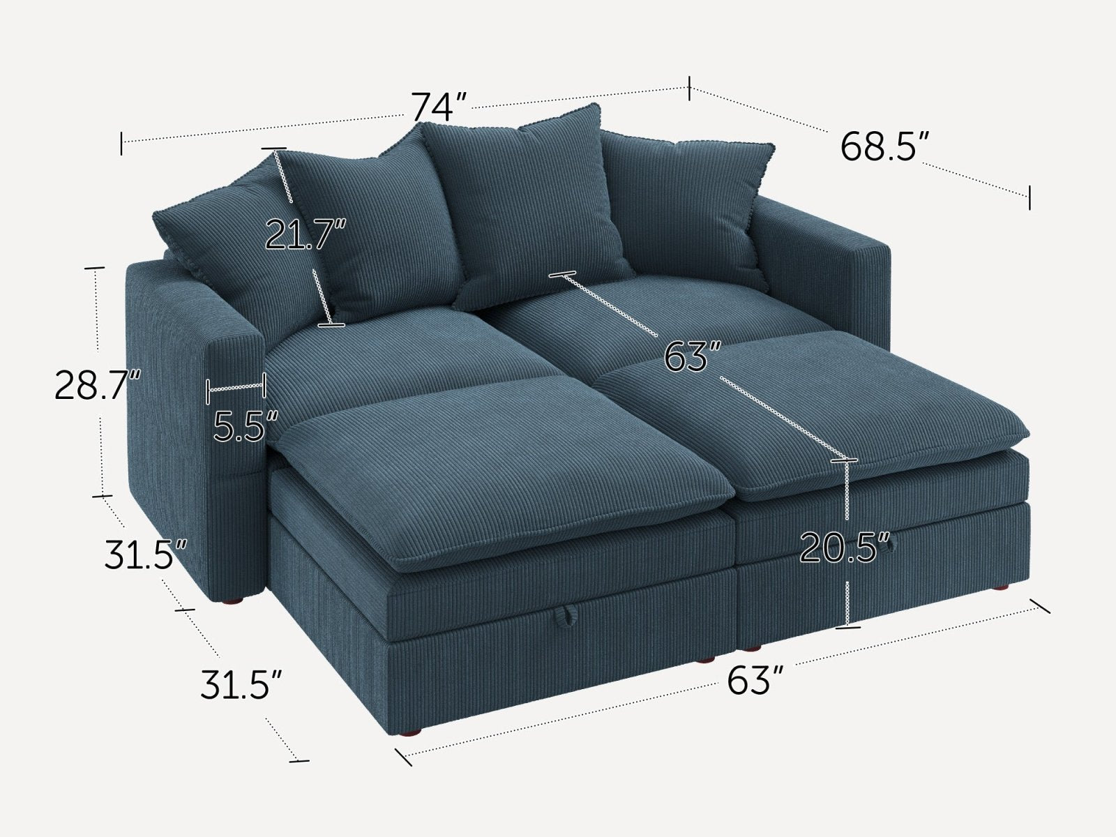 HONBAY 4-Piece Plush double-layer Cushion Corduroy Modular Sleeper Sectional Cloud Sofa
#Color_Corduroy Blue