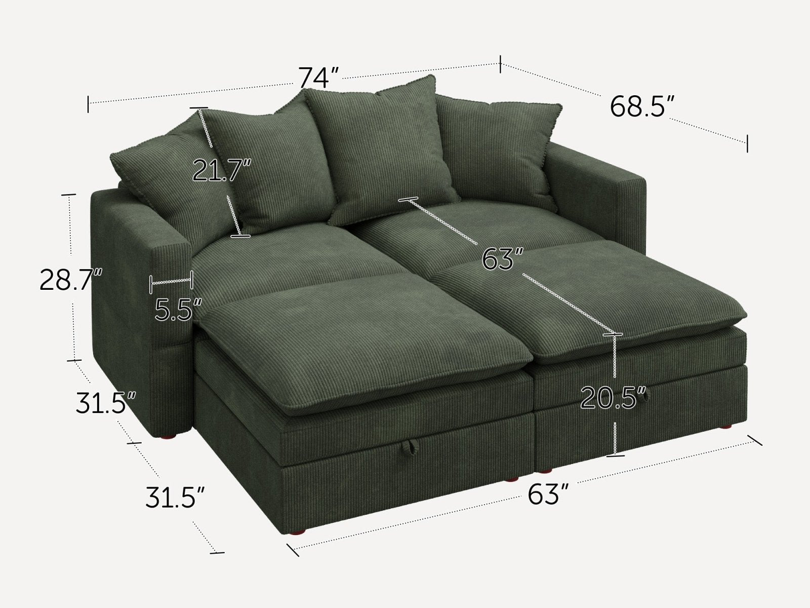 HONBAY 4-Piece Plush double-layer Cushion Corduroy Modular Sleeper Sectional Cloud Sofa
#Color_Corduroy Green