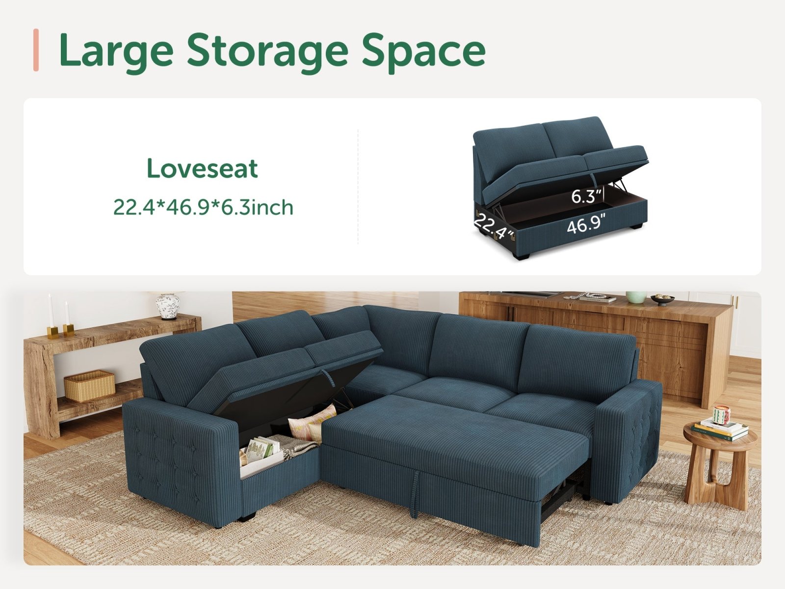 5-Piece Corduroy U-Shaped Sleeper Sectional
#Color_Corduroy Blue
