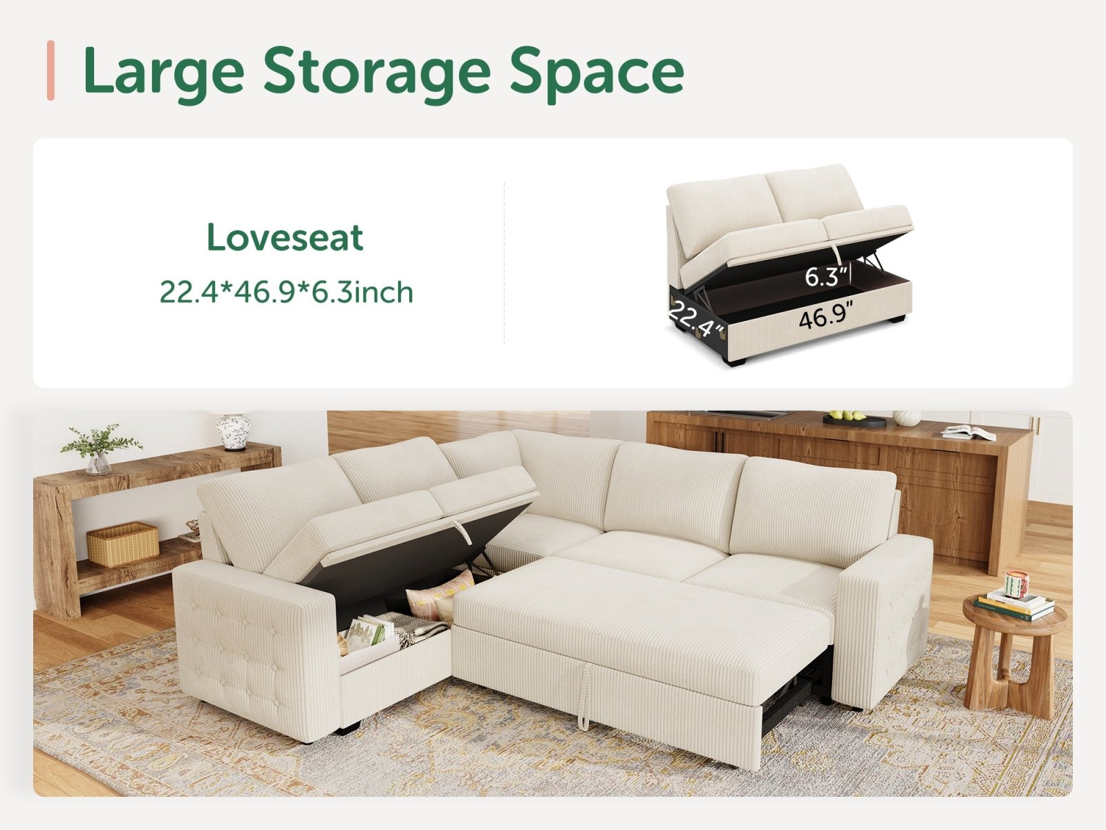 5-Piece Corduroy U-Shaped Sleeper Sectional
#Color_Corduroy Beige