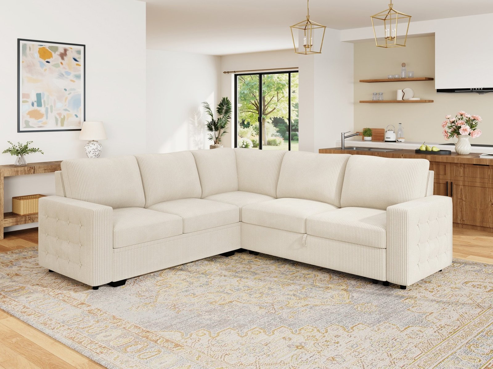 5-Piece Corduroy U-Shaped Sleeper Sectional
#Color_Corduroy Beige