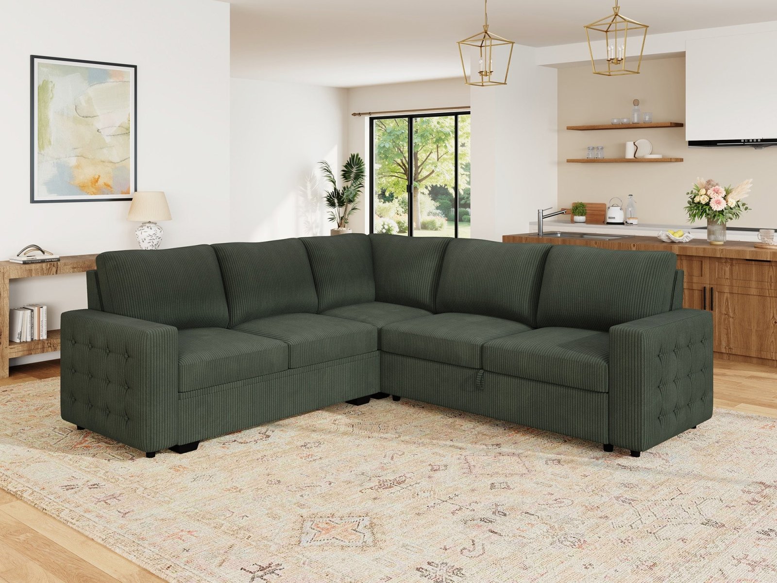5-Piece Corduroy U-Shaped Sleeper Sectional
#Color_Corduroy Green