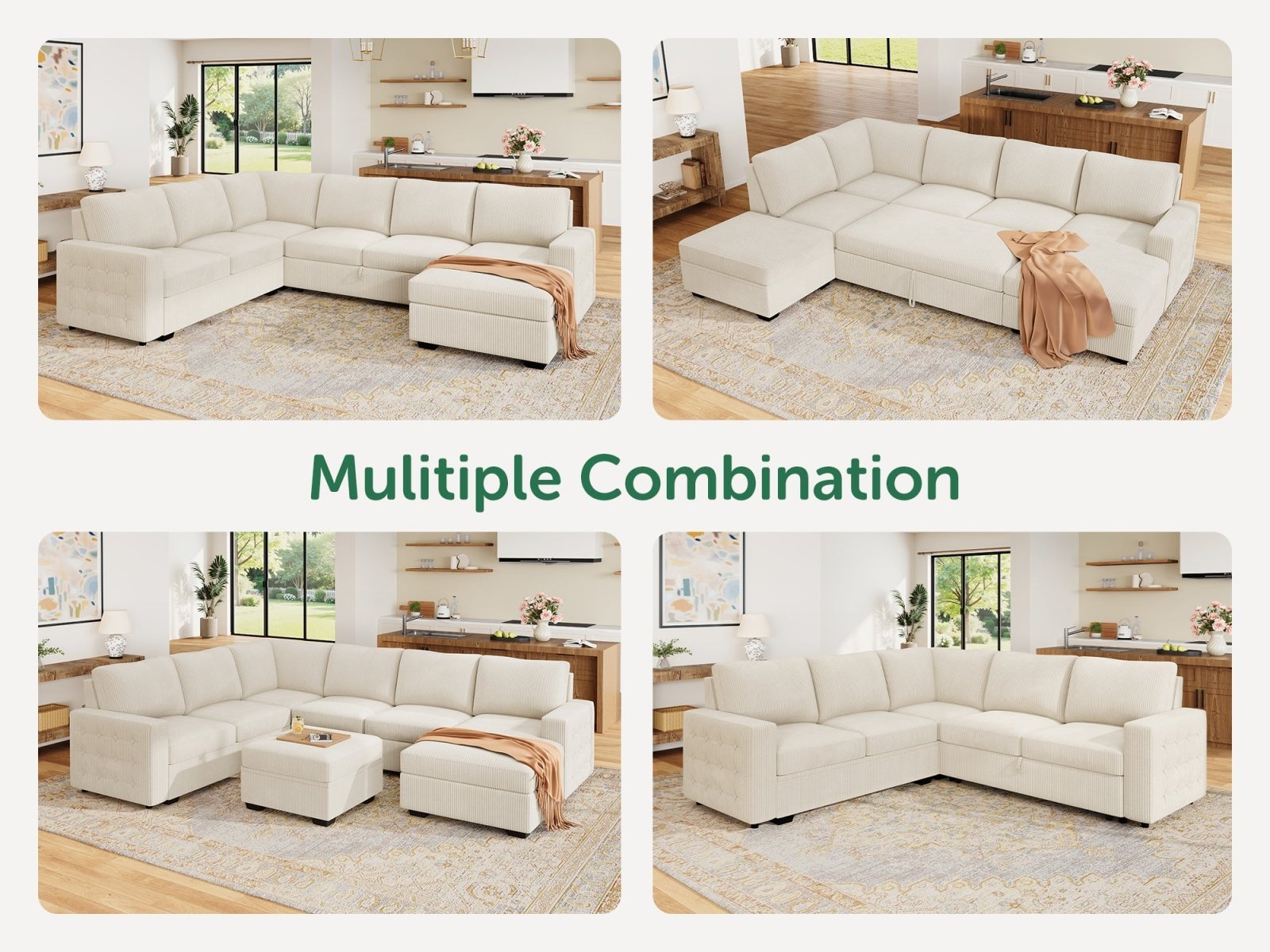 5-Piece Corduroy U-Shaped Sleeper Sectional
#Color_Corduroy Beige