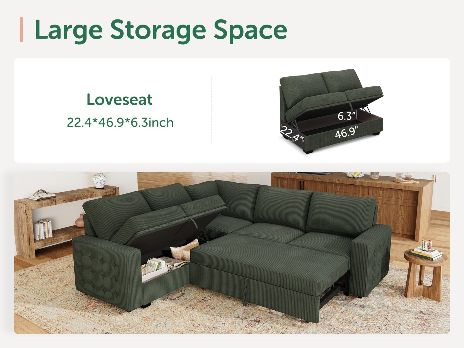 5-Piece Corduroy U-Shaped Sleeper Sectional
#Color_Corduroy Green