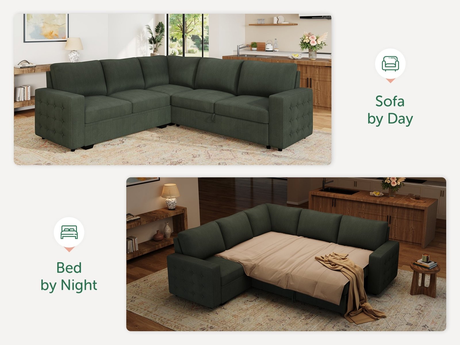 5-Piece Corduroy U-Shaped Sleeper Sectional
#Color_Corduroy Green