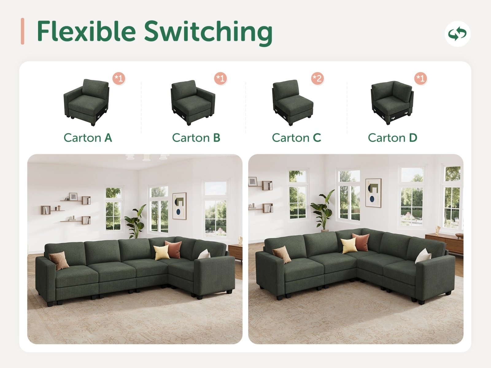 HONBAY 5-Piece Corduroy Modular L-Shaped Sectional Sofa
#Color_Corduroy Green