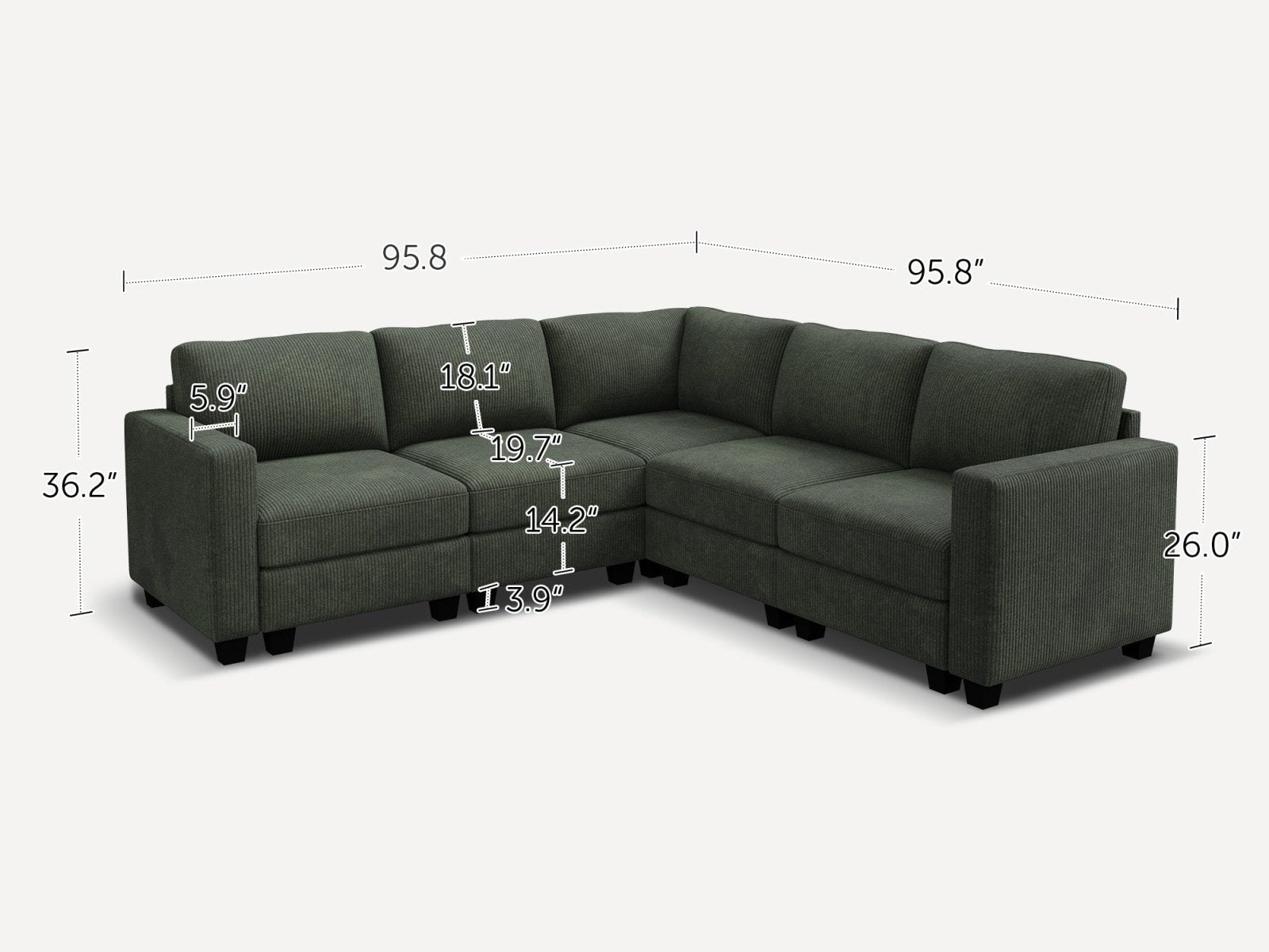 HONBAY 5-Piece Corduroy Modular L-Shaped Sectional Sofa
#Color_Corduroy Green
