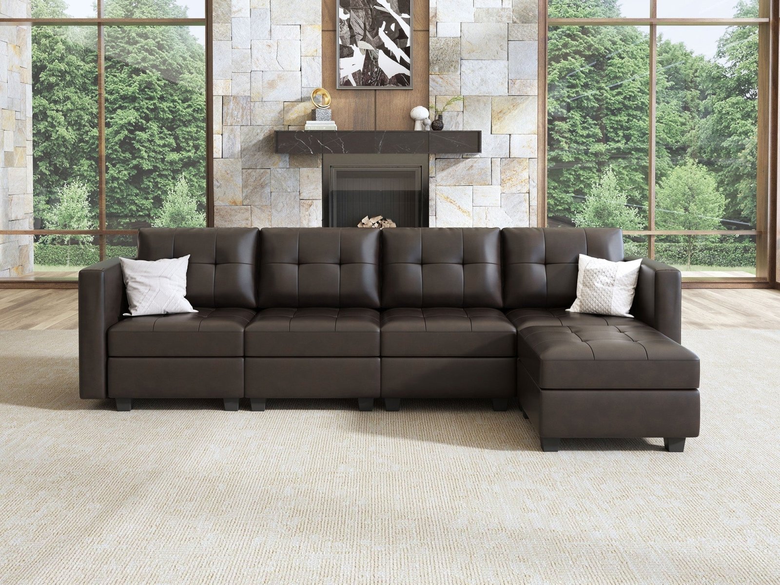 HONBAY 5-Piece Faux Leather Modular Sectional Sofa With Storage Seat