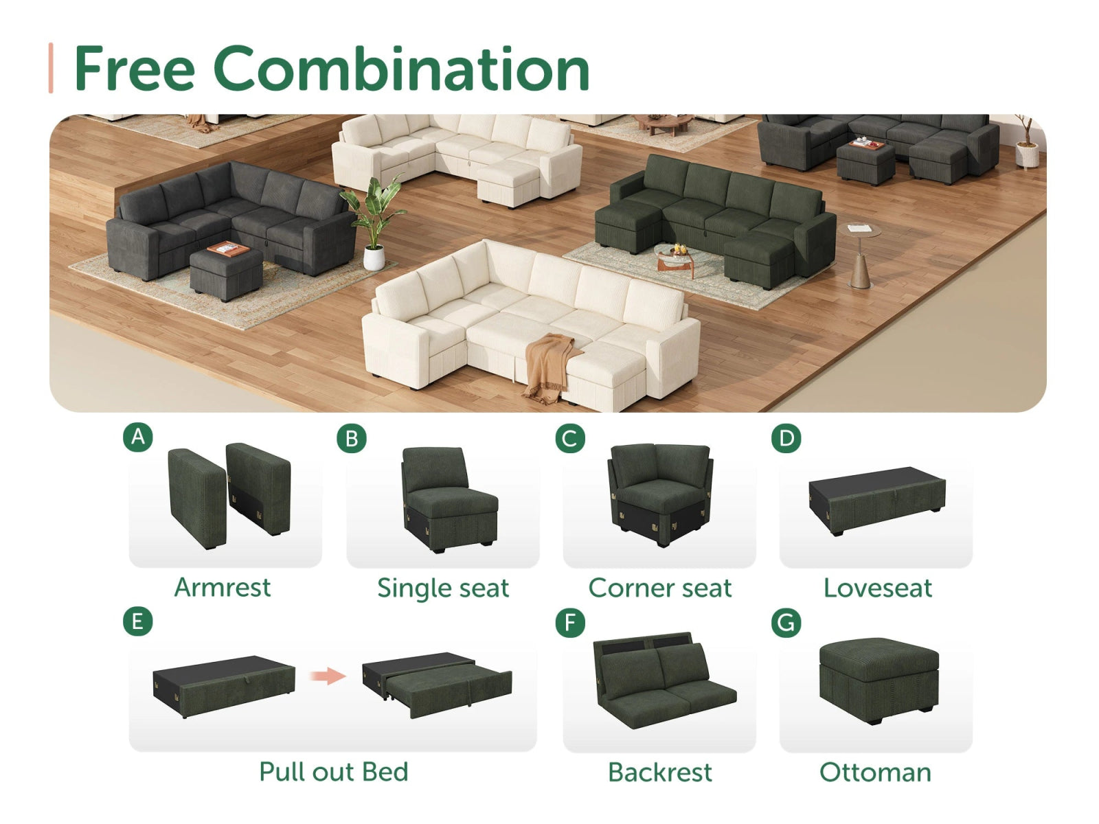 8-Piece Corduroy U-Shaped Sleeper Sectional
#Color_Corduroy Green