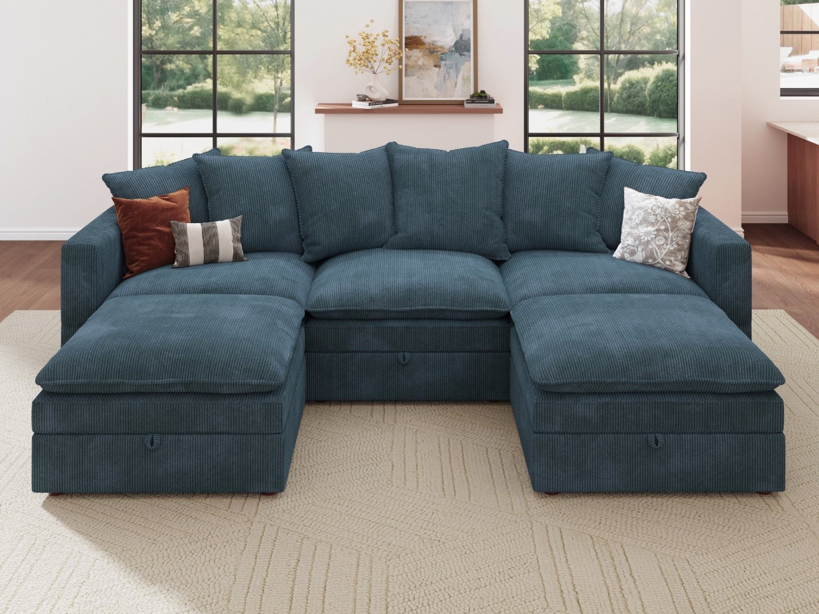 HONBAY 5-Piece Plush double-layer Cushion Corduroy Modular U-Shaped Sectional Cloud Sofa
#Color_Corduroy Blue