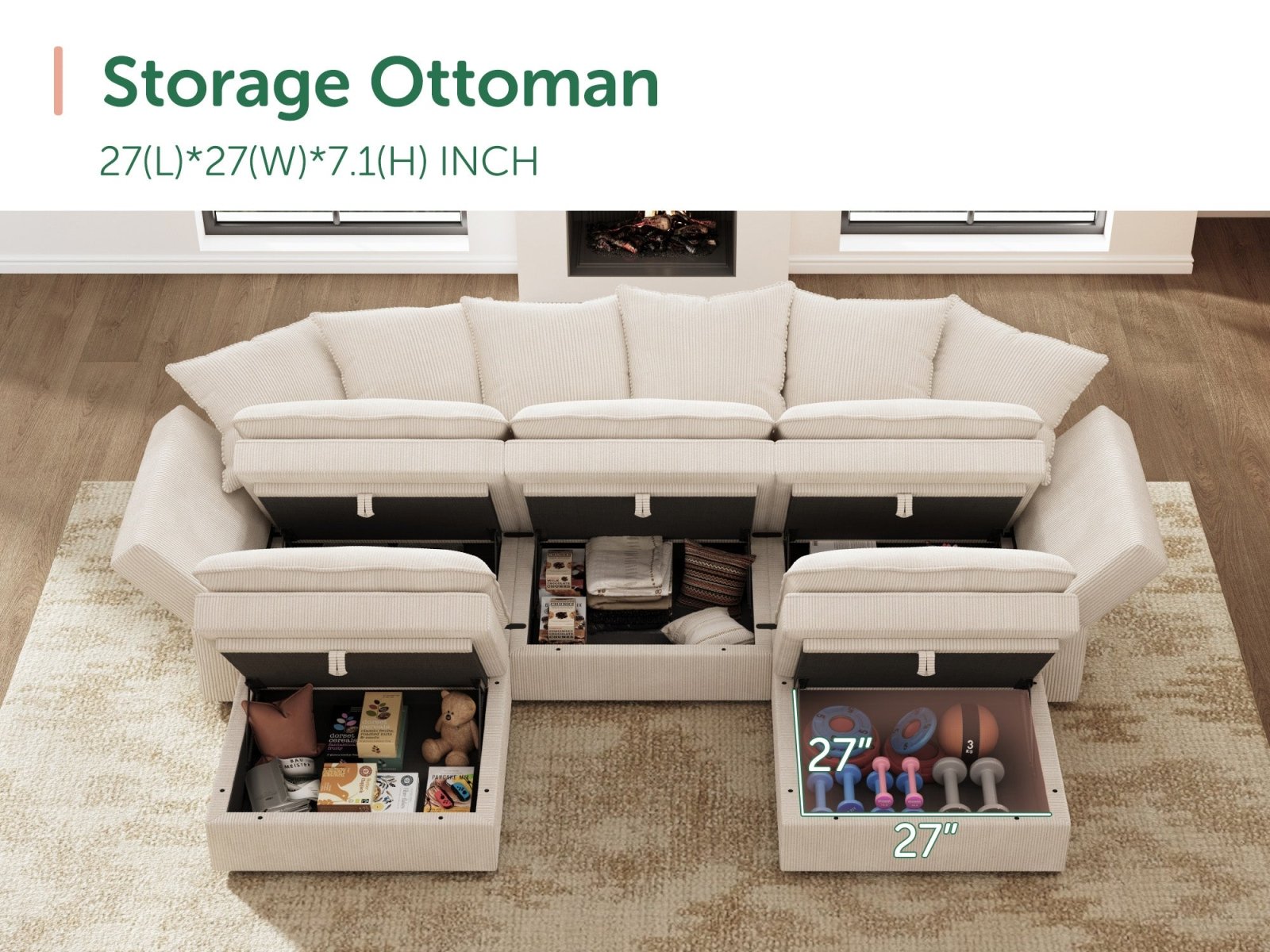 HONBAY 5-Piece Plush double-layer Cushion Corduroy Modular U-Shaped Sectional Cloud Sofa
#Color_Corduroy Beige