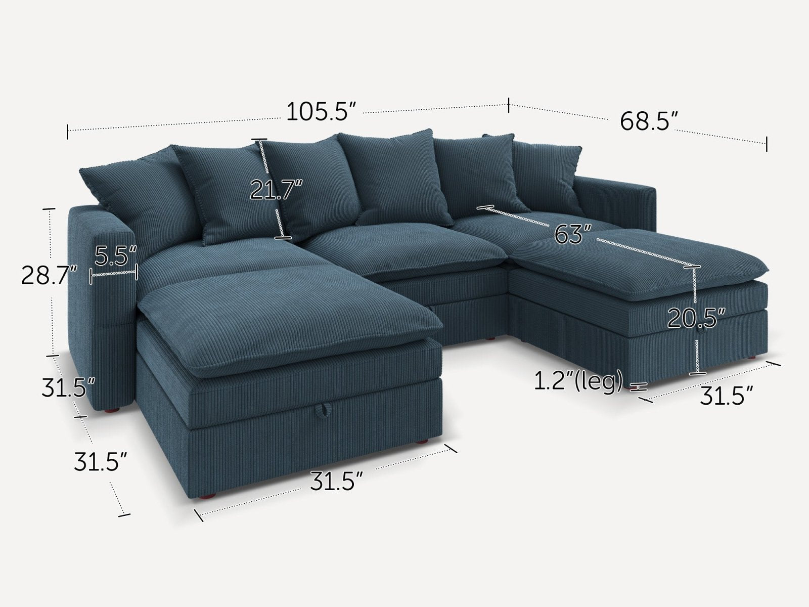 HONBAY 5-Piece Plush double-layer Cushion Corduroy Modular U-Shaped Sectional Cloud Sofa
#Color_Corduroy Blue