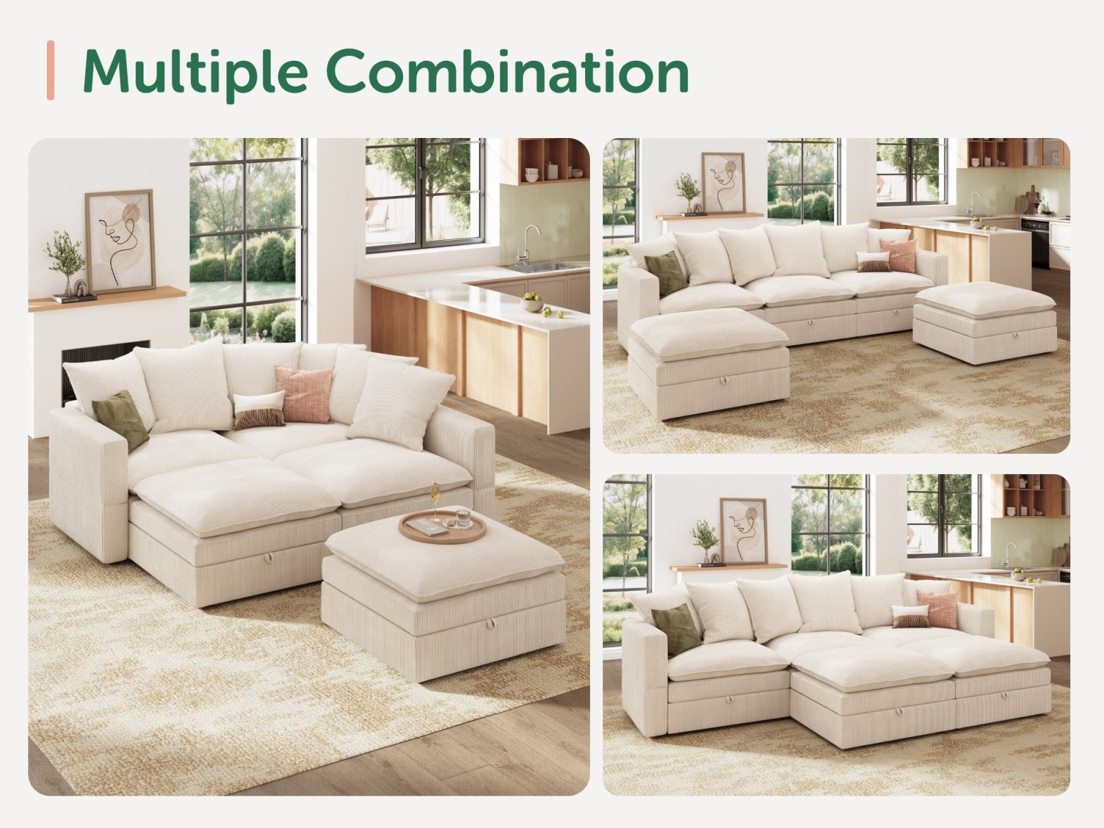 HONBAY 5-Piece Plush double-layer Cushion Corduroy Modular U-Shaped Sectional Cloud Sofa
#Color_Corduroy Beige