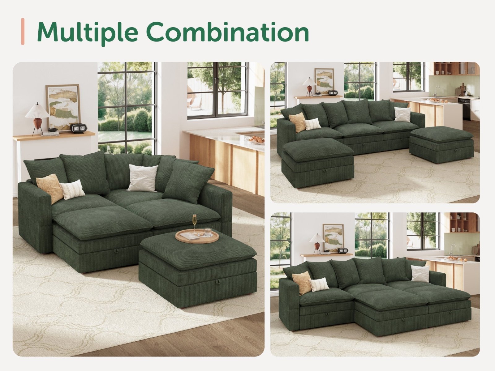 HONBAY 5-Piece Plush double-layer Cushion Corduroy Modular U-Shaped Sectional Cloud Sofa
#Color_Corduroy Green