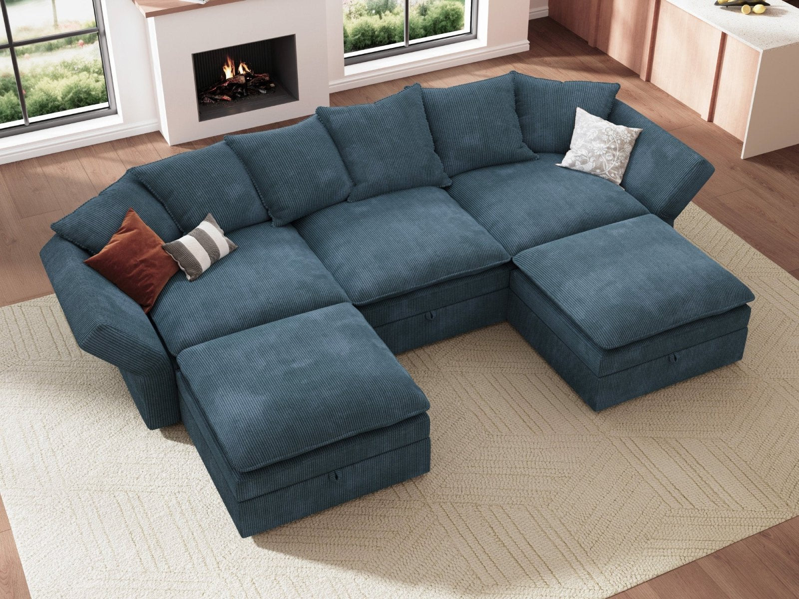 HONBAY 5-Piece Plush double-layer Cushion Corduroy Modular U-Shaped Sectional Cloud Sofa
#Color_Corduroy Blue