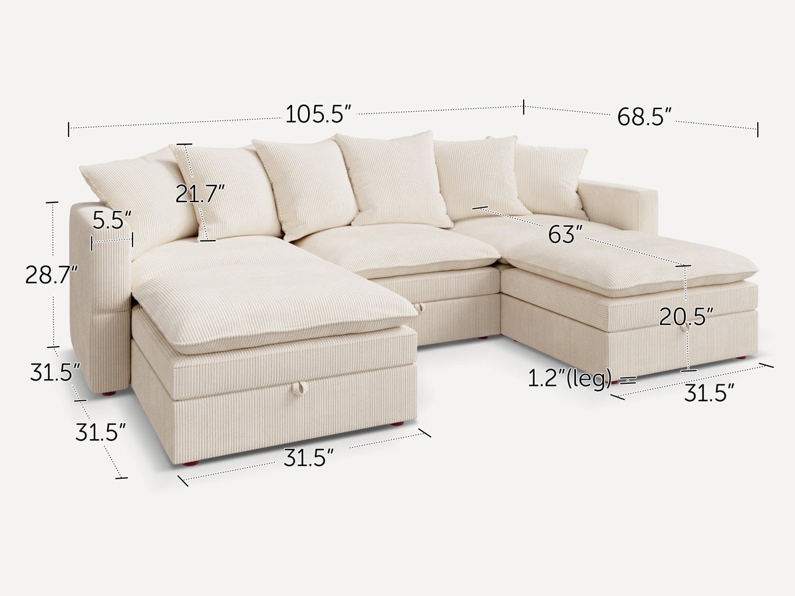 HONBAY 5-Piece Plush double-layer Cushion Corduroy Modular U-Shaped Sectional Cloud Sofa
#Color_Corduroy Beige