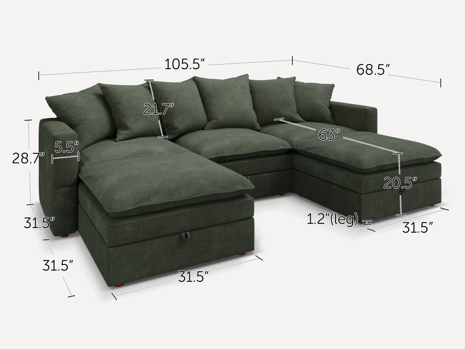 HONBAY 5-Piece Plush double-layer Cushion Corduroy Modular U-Shaped Sectional Cloud Sofa
#Color_Corduroy Green