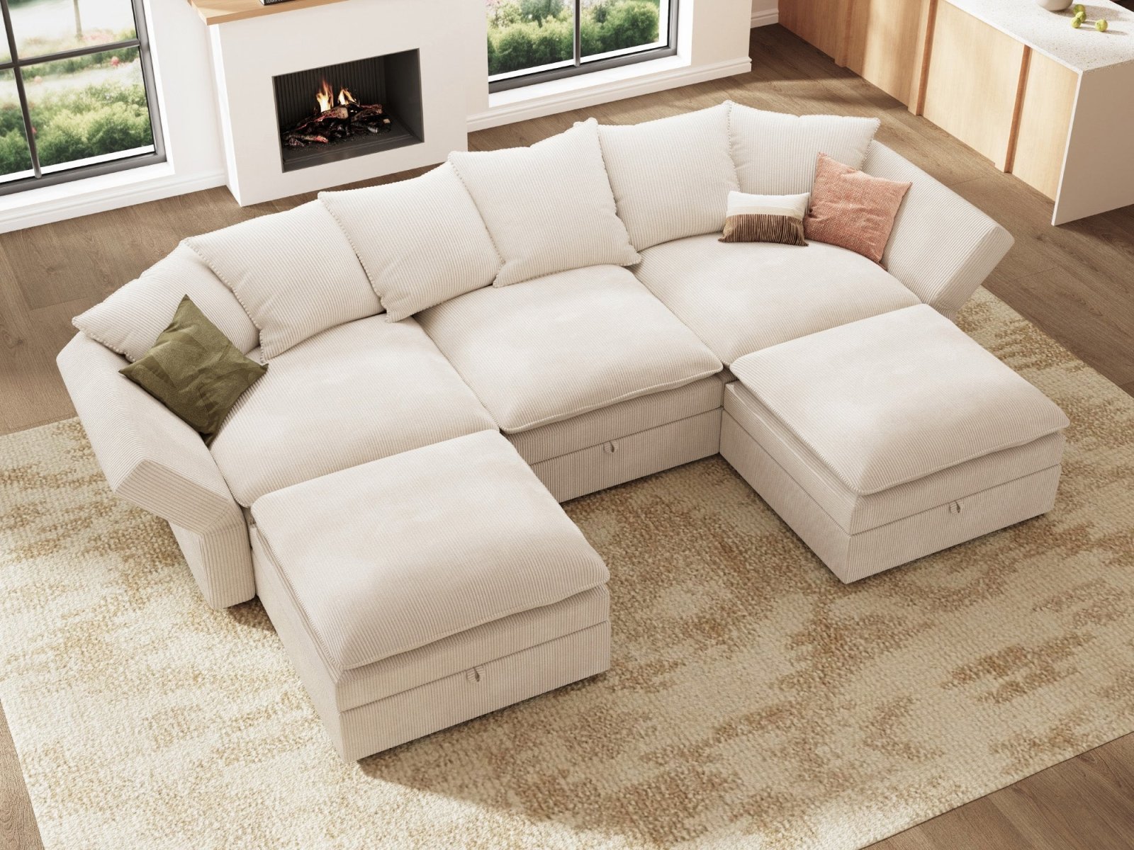 HONBAY 5-Piece Plush double-layer Cushion Corduroy Modular U-Shaped Sectional Cloud Sofa
#Color_Corduroy Beige