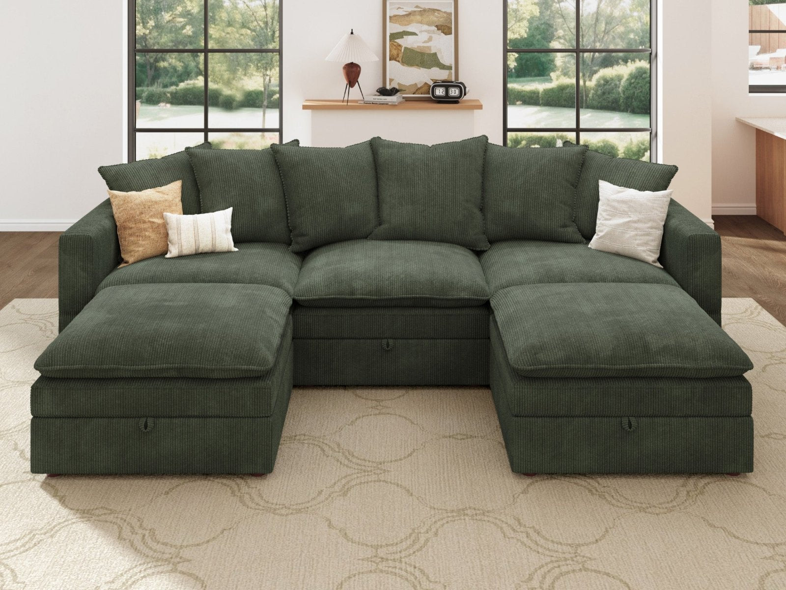 HONBAY 5-Piece Plush double-layer Cushion Corduroy Modular U-Shaped Sectional Cloud Sofa
#Color_Corduroy Green