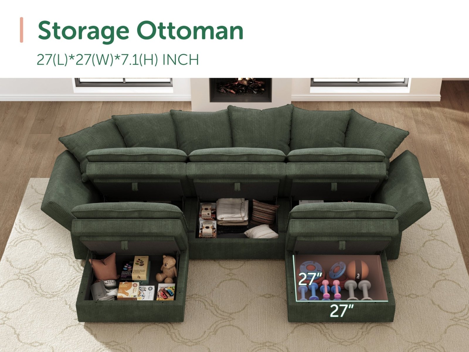 HONBAY 5-Piece Plush double-layer Cushion Corduroy Modular U-Shaped Sectional Cloud Sofa
#Color_Corduroy Green