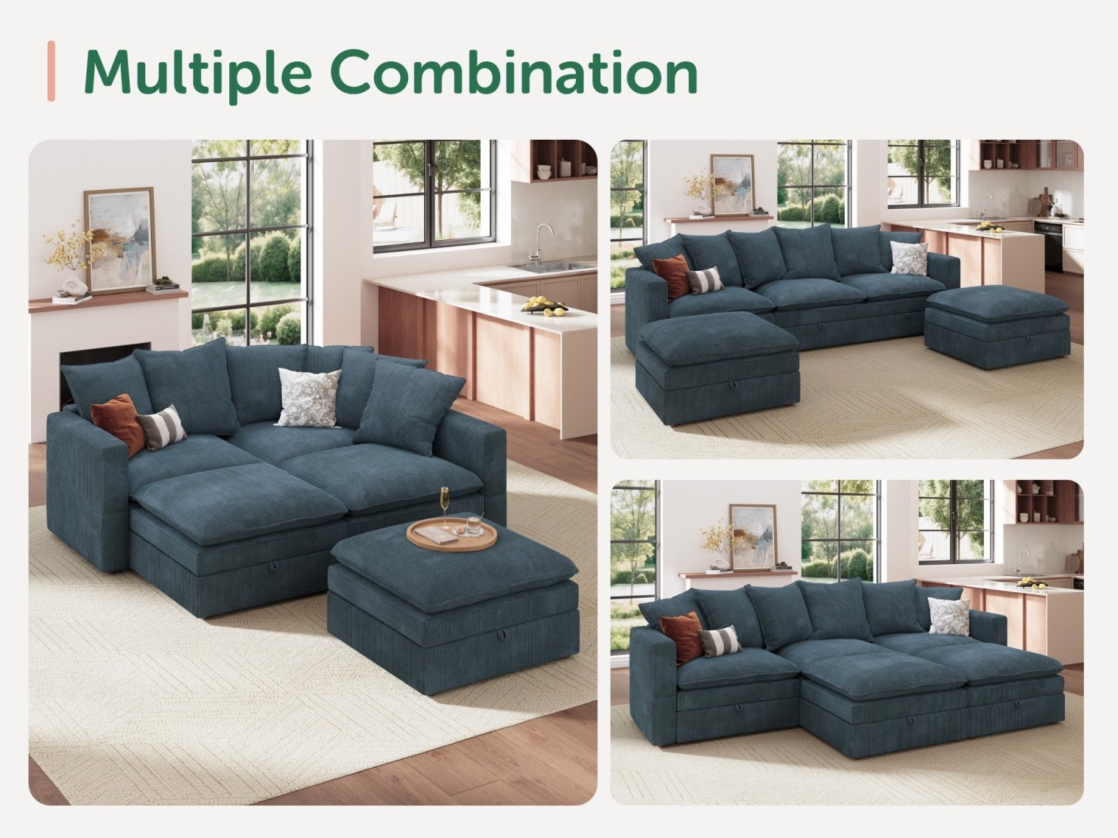 HONBAY 5-Piece Plush double-layer Cushion Corduroy Modular U-Shaped Sectional Cloud Sofa
#Color_Corduroy Blue