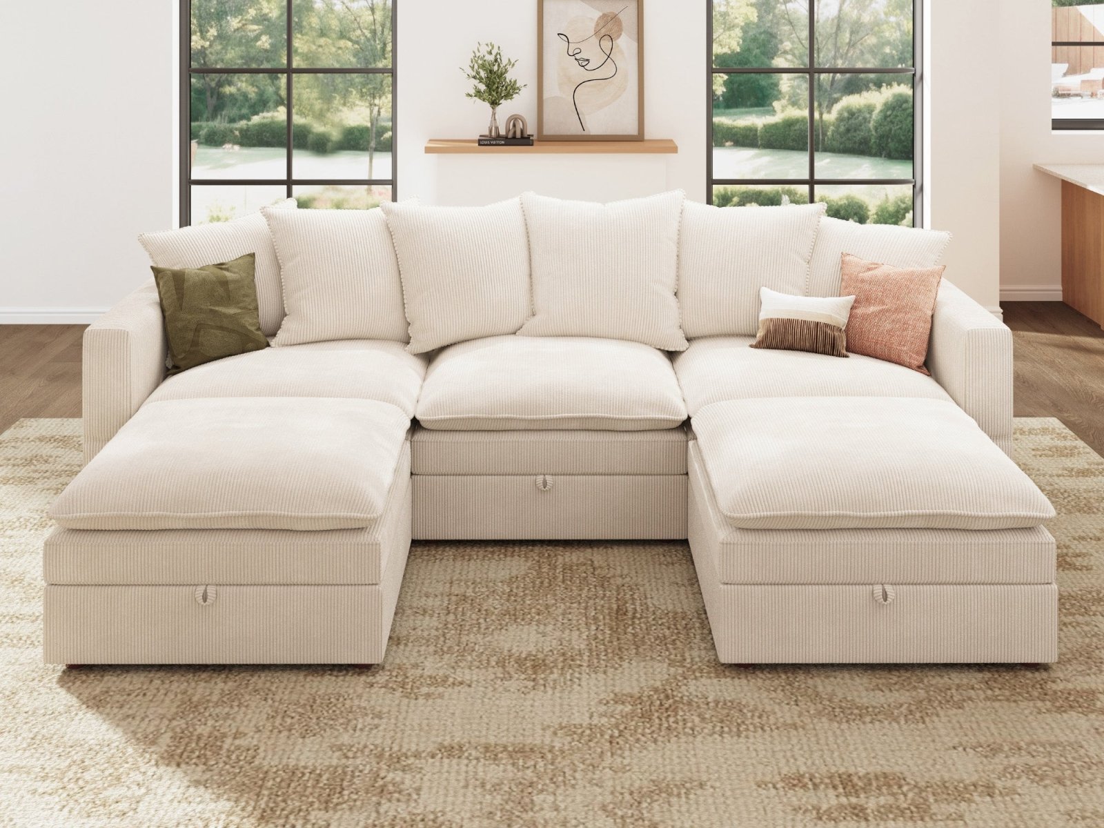 HONBAY 5-Piece Plush double-layer Cushion Corduroy Modular U-Shaped Sectional Cloud Sofa
#Color_Corduroy Beige