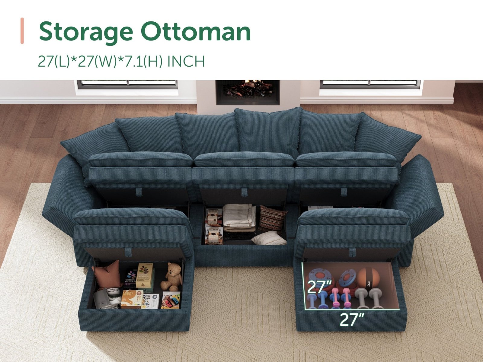 HONBAY 5-Piece Plush double-layer Cushion Corduroy Modular U-Shaped Sectional Cloud Sofa
#Color_Corduroy Blue