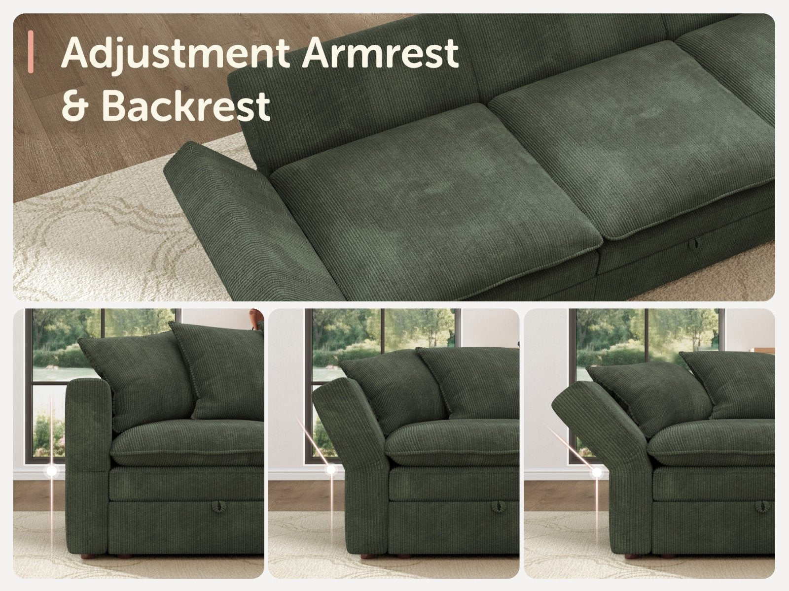 HONBAY 5-Piece Plush double-layer Cushion Corduroy Modular U-Shaped Sectional Cloud Sofa
#Color_Corduroy Green