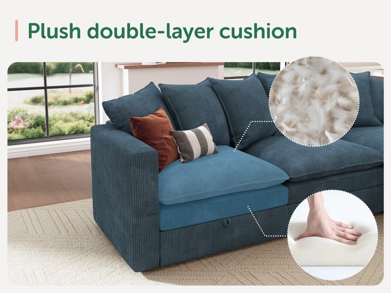 HONBAY 5-Piece Plush double-layer Cushion Corduroy Modular U-Shaped Sectional Cloud Sofa
#Color_Corduroy Blue