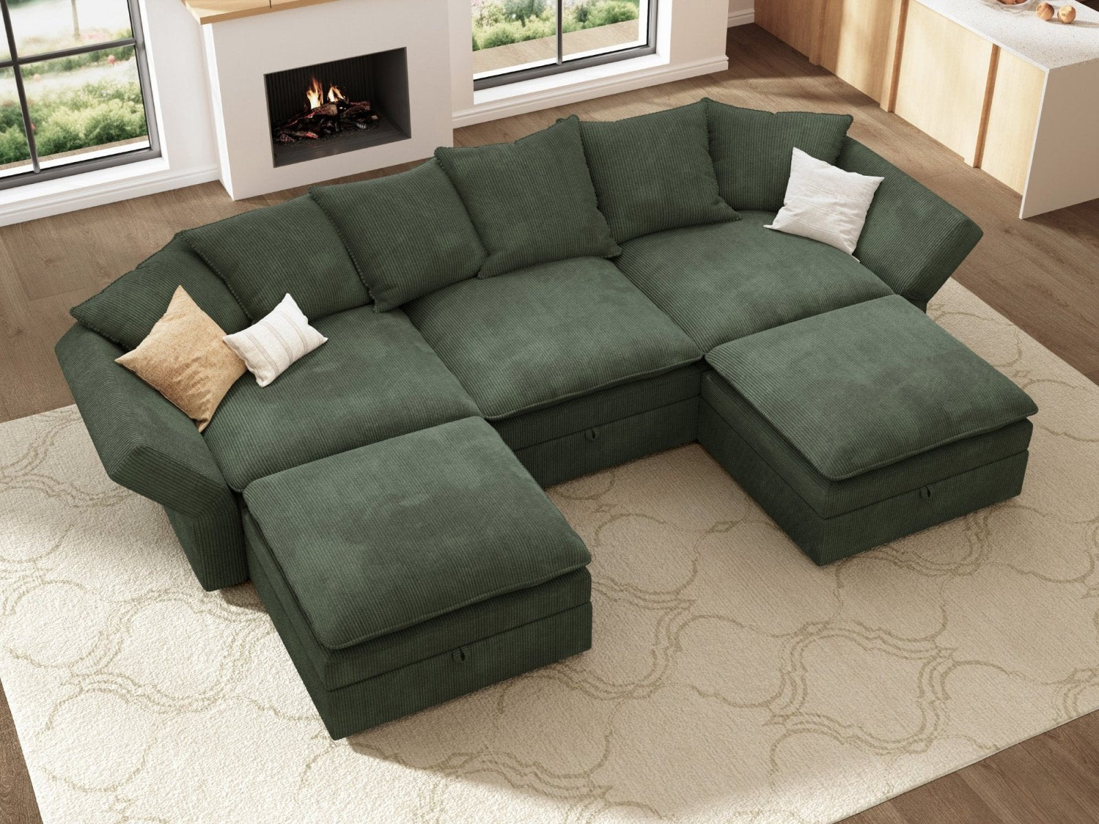 HONBAY 5-Piece Plush double-layer Cushion Corduroy Modular U-Shaped Sectional Cloud Sofa
#Color_Corduroy Green