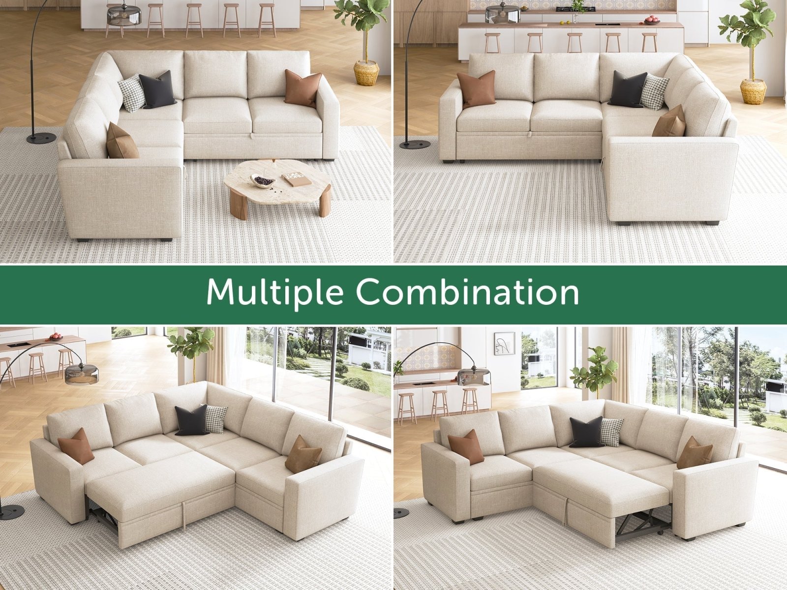 HONBAY 5-Piece Polyester Modular Sleeper Sectional With Storage Space #Color_Beige