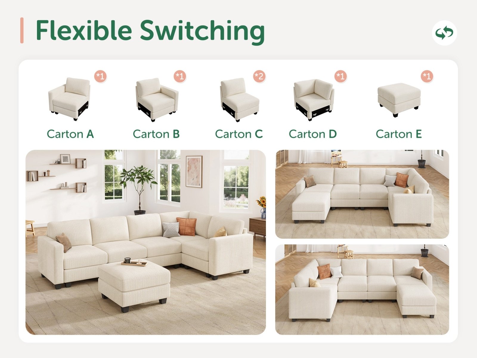 HONBAY 6-Piece Corduroy Modular L-Shaped Sectional Sofa With Hidden Storage Ottoman
#Color_Corduroy Beige