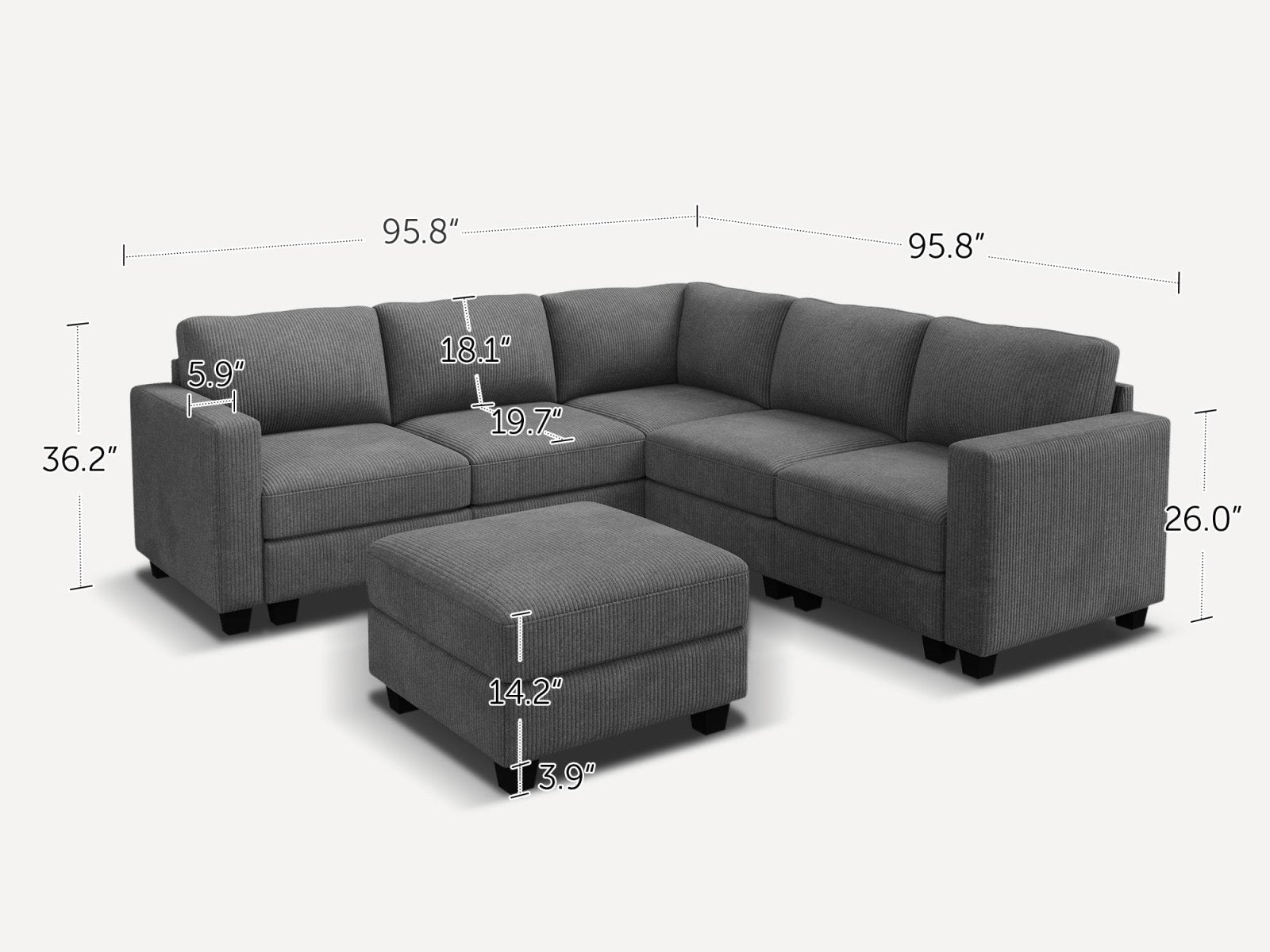 HONBAY 6-Piece Corduroy Modular L-Shaped Sectional Sofa With Hidden Storage Ottoman
#Color_Corduroy Grey