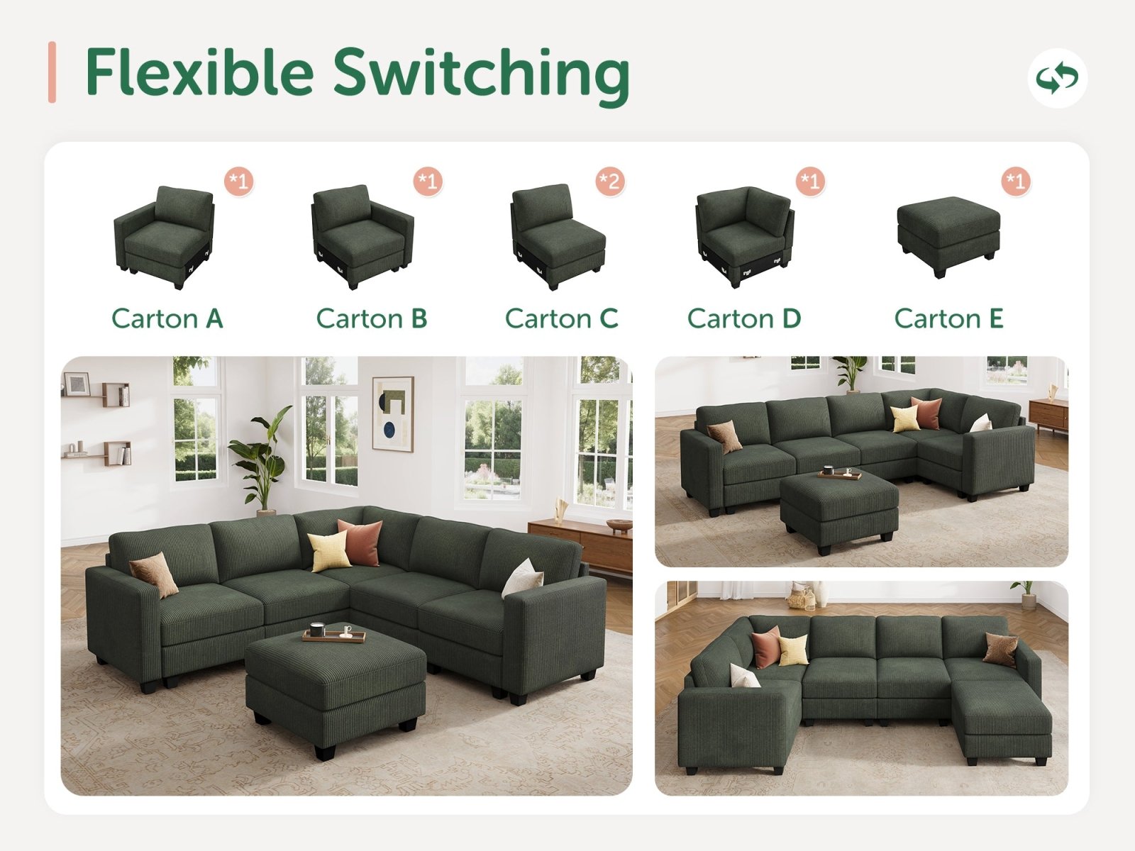 HONBAY 6-Piece Corduroy Modular L-Shaped Sectional Sofa With Hidden Storage Ottoman
#Color_Corduroy Green