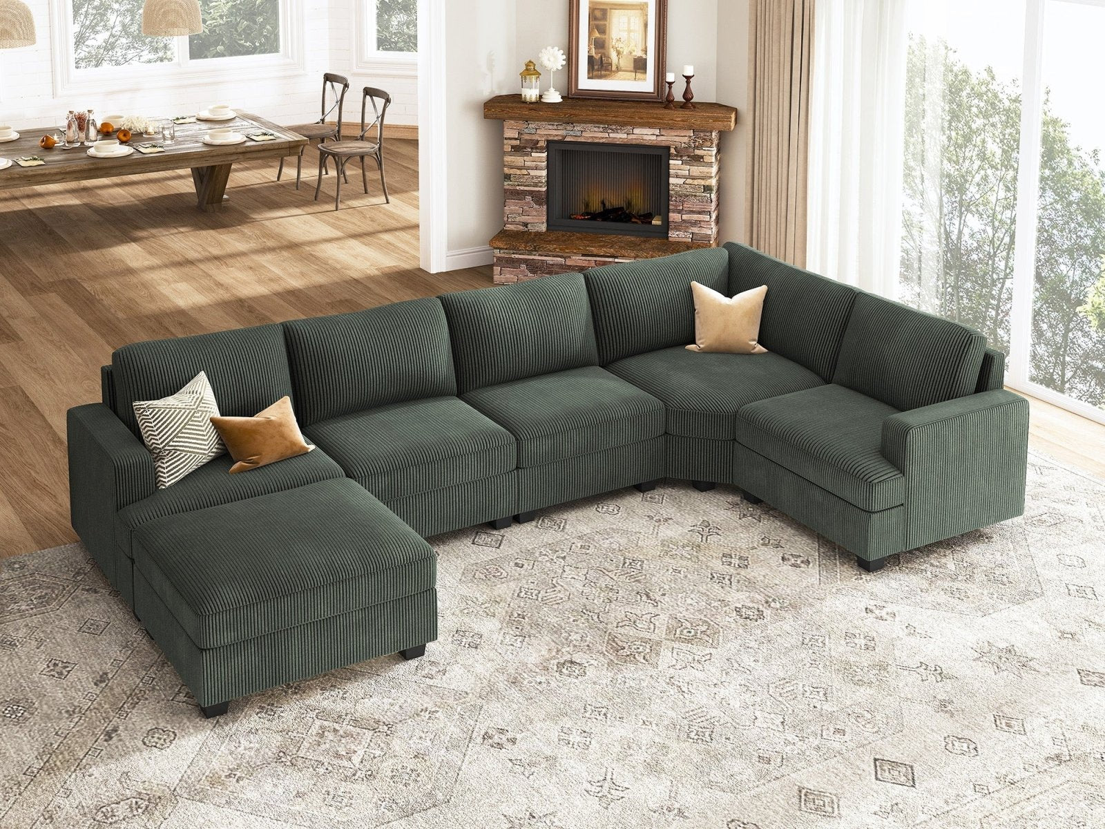 HONBAY 6 Piece Modular Sectional With Storage Ottoman #Color_Corduroy Green