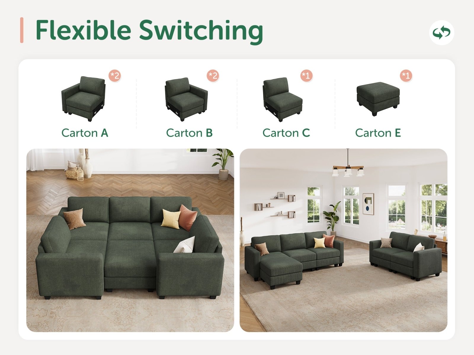 HONBAY 6-Piece Corduroy Modular Sleeper Sectional Sofa With Hidden Storage Ottoman
#Color_Corduroy Green