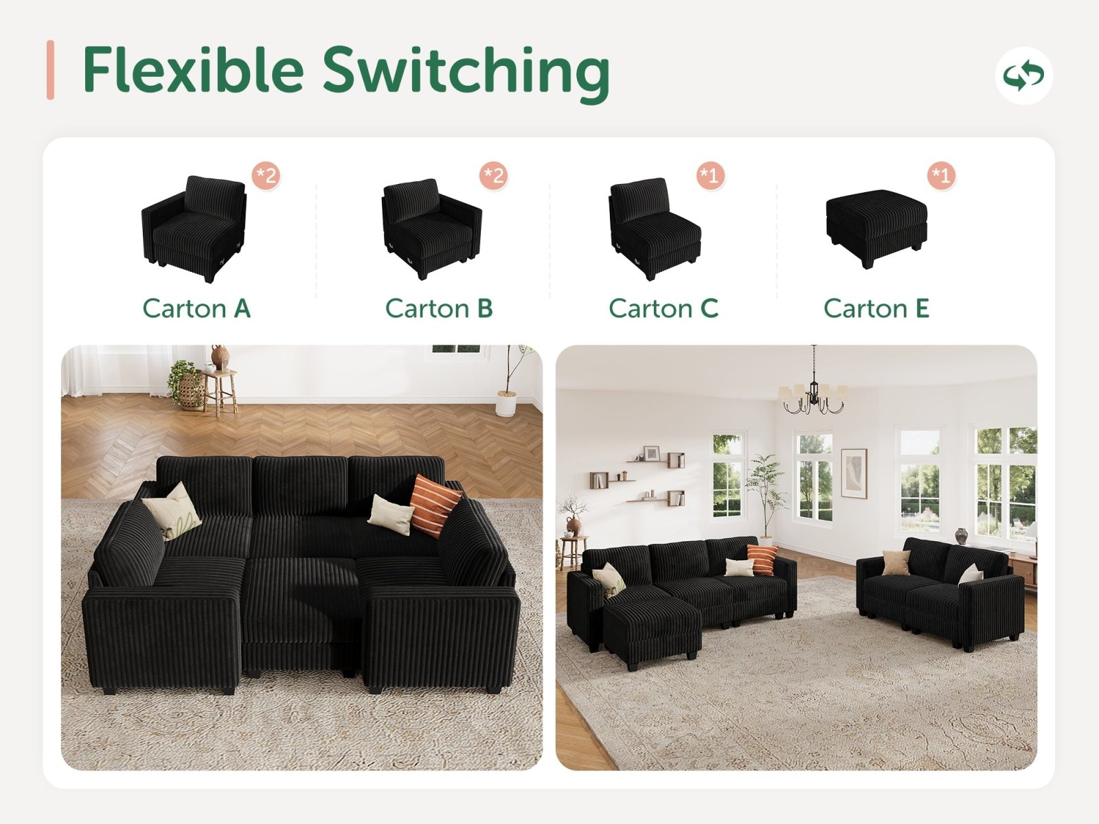 HONBAY 6-Piece Corduroy Modular Sleeper Sectional Sofa With Hidden Storage Ottoman
#Color_Corduroy Black