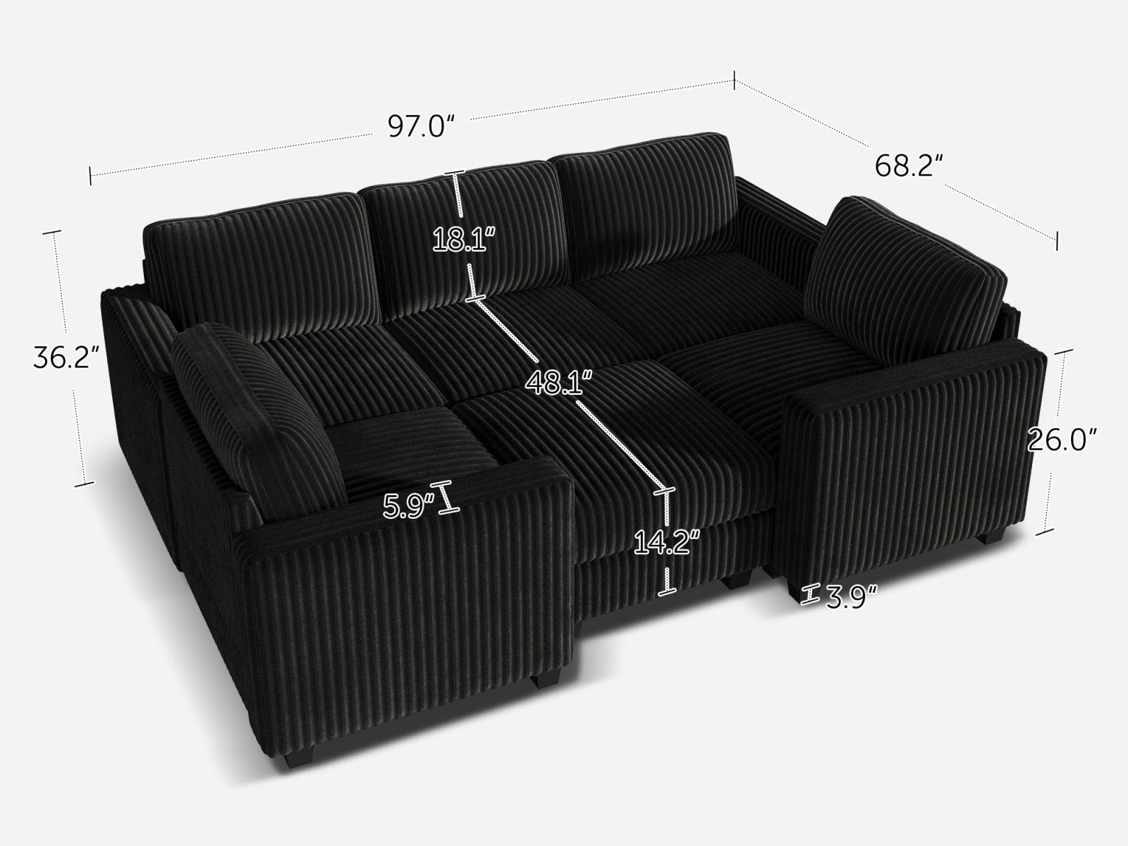 HONBAY 6-Piece Corduroy Modular Sleeper Sectional Sofa With Hidden Storage Ottoman
#Color_Corduroy Black