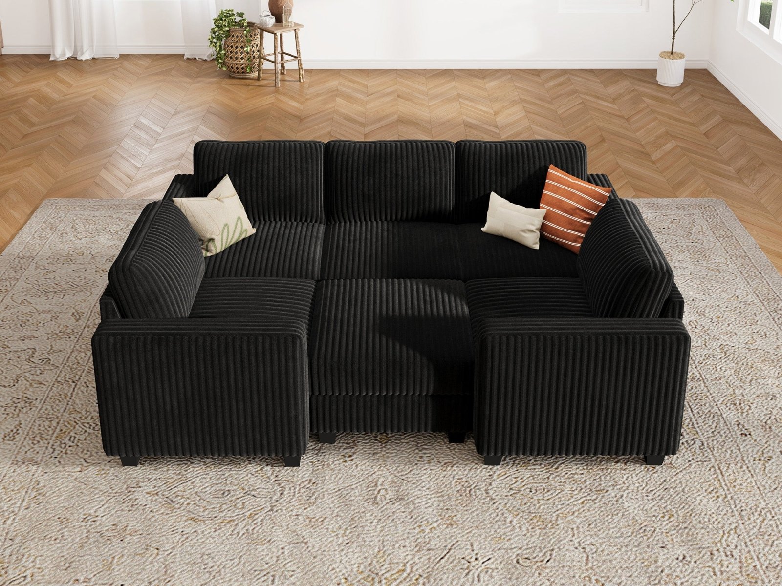 HONBAY 6-Piece Corduroy Modular Sleeper Sectional Sofa With Hidden Storage Ottoman
#Color_Corduroy Black