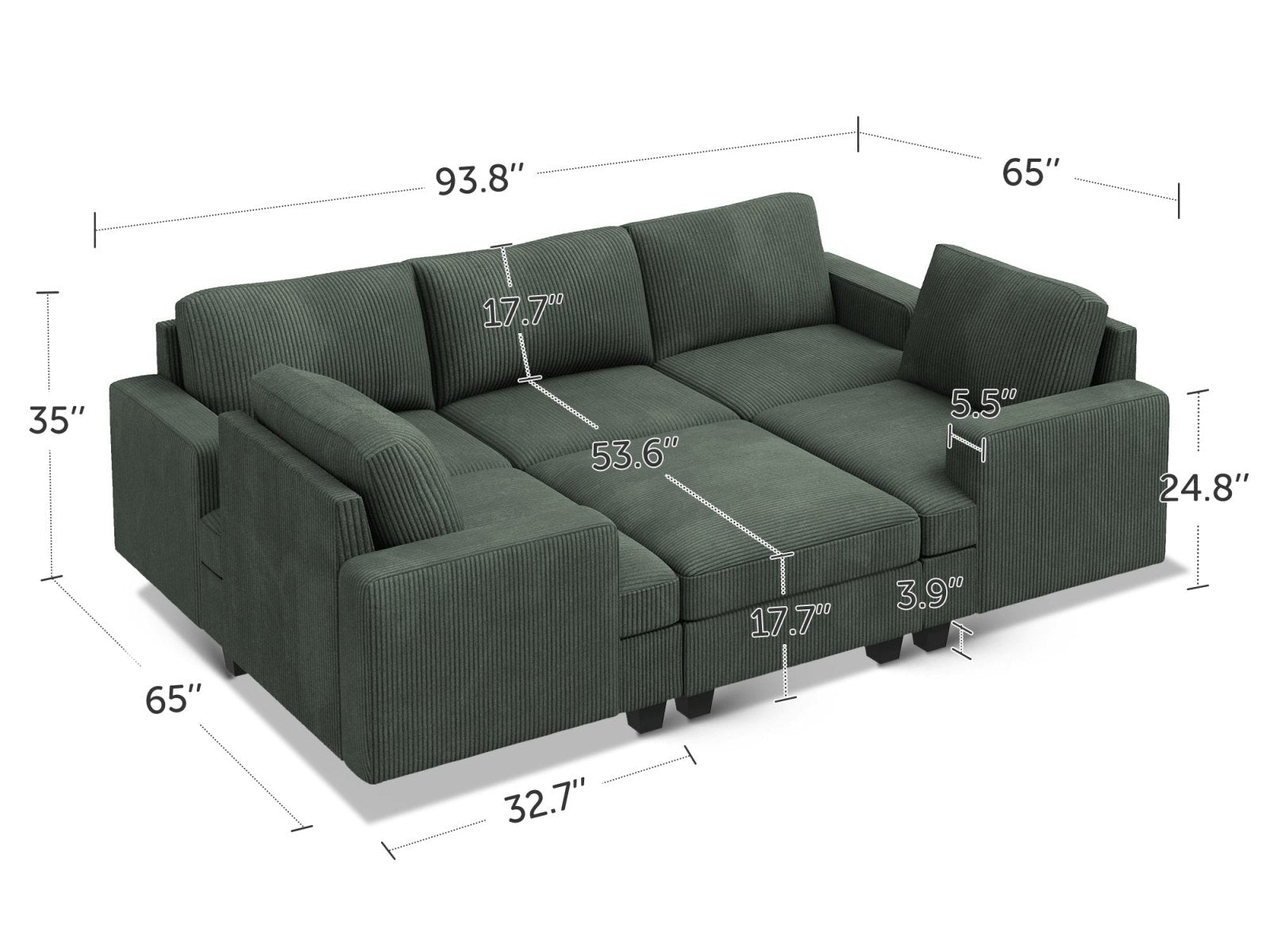 HONBAY 6-Piece Corduroy Modular Sleeper Sectional With Storage Space With Dimensions
 #Color_Corduroy Green